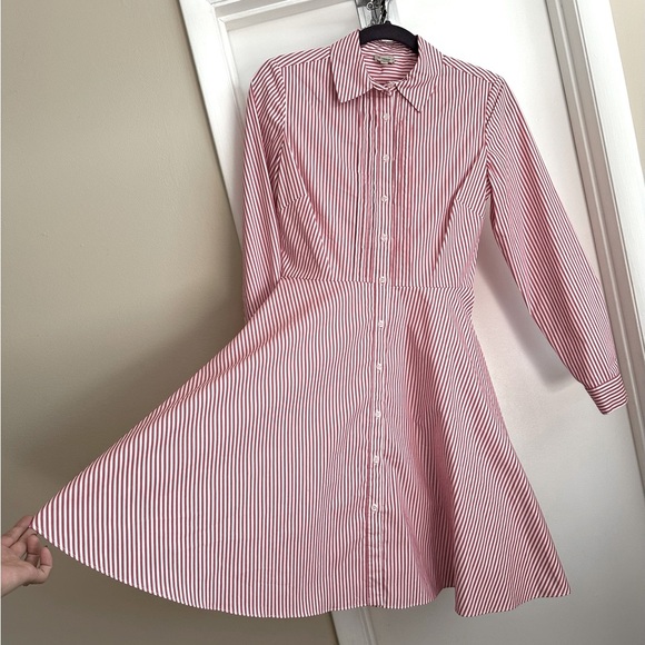 Cremieux Red and White Stripe Pin-tuck Button Down Shirt Dress 4 - Picture 2 of 9